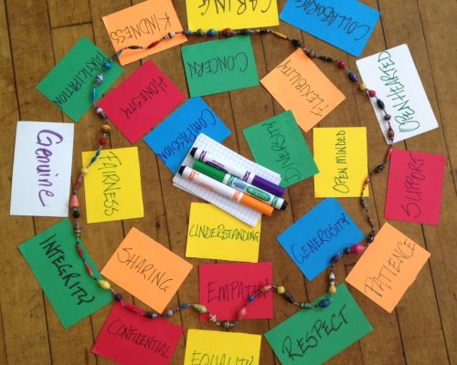 Photo of youth justice values written on index cards and arranged in a circle
